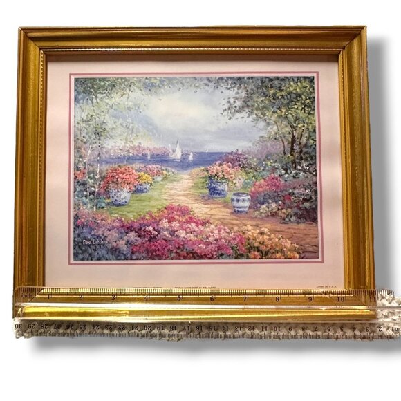 Nora DeBolt 1992 Floral Garden Print Gold Frame 12"x10" Vintage Wall Art - Picture 1 of 9